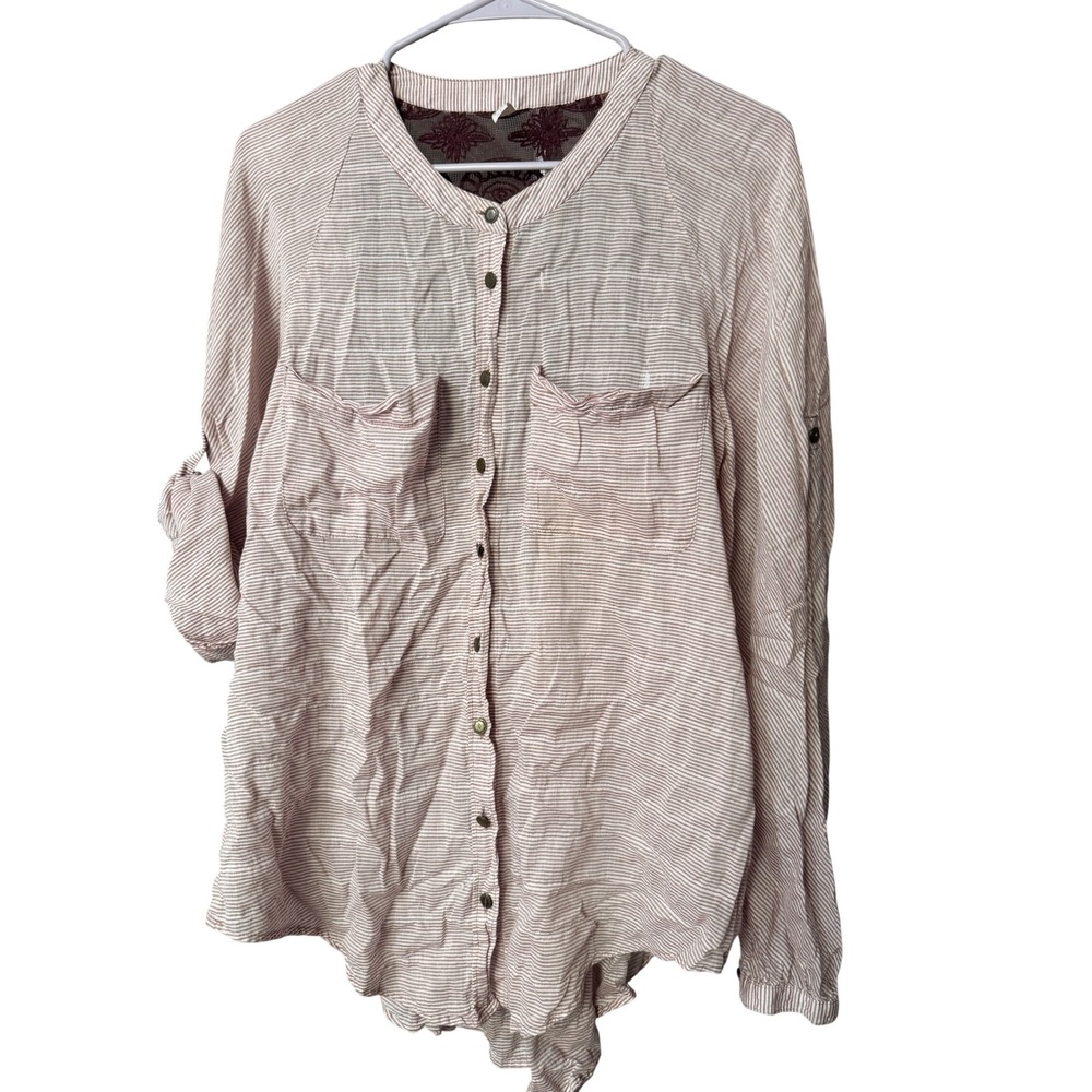 Free People Striped Crochet Back Roll Tab Blouse Size S